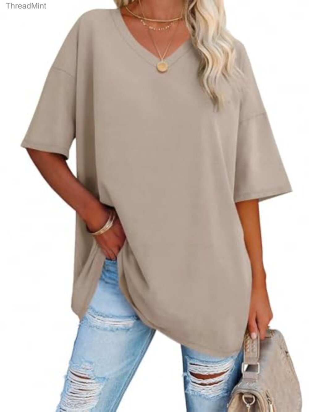 Women's Oversized V-Neck Tunic Tee Cotton Blend Short Sleeve Casual Summer Top